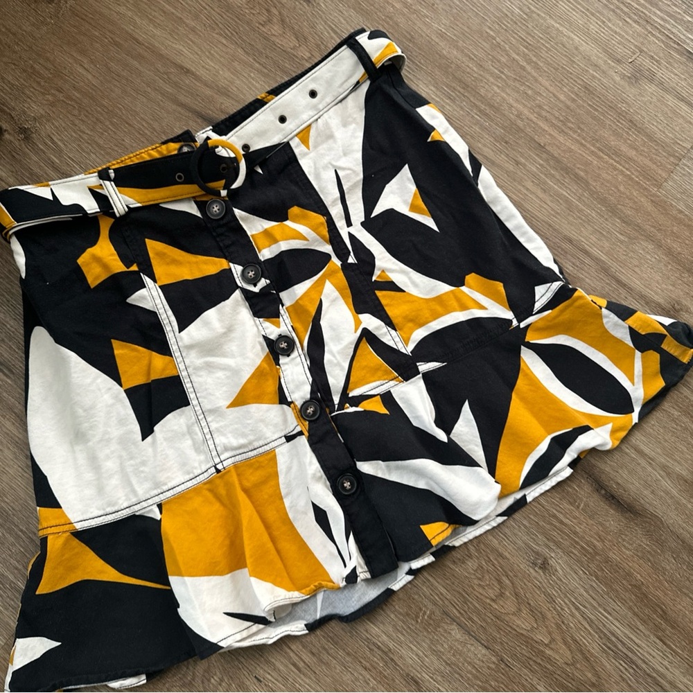 Nine West Skirt Large Button Front Belted A Line Floral Black White Yellow - Picture 5 of 7